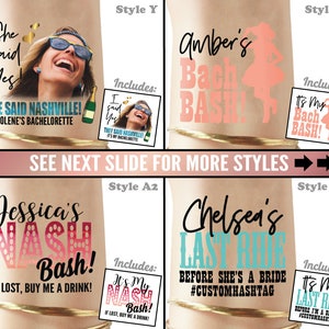 Pode incluir: Quatro designs diferentes de tatuagens tempor&aacute;rias para despedidas de solteira. Os designs incluem o texto "She said yes! We said Nashville! Jolene's Bachelorette", "Amber's Bach Bash!", "Jessica's Nash Bash! If lost, buy me a drink!" e "Chelsea's Last Ride Before She's a Bride #CUSTOMHASHTAG". Cada design inclui uma tatuagem tempor&aacute;ria menor com o texto "I said yes! They said Nashville! It's my bachelorette" ou "It's my Bach Bash!" ou "It's my Nash Bash! If lost, buy me a drink!" ou "It's my Last Ride Before I'm a Bride #CUSTOMHASHTAG".