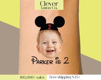 Benutzerdefinierte Mickey Ohren Gesicht temporäre Tattoos für Kinder Geburtstagsparty | Personalisierte Foto Tattoo | Erstes Geburtstags-Gastgeschenk