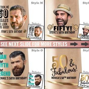 Puede incluir: Cuatro estilos diferentes de decoraciones para fiestas de cumplea&ntilde;os n&uacute;mero 50 con una foto personalizada de la persona que cumple a&ntilde;os. Los dise&ntilde;os incluyen el texto "&iexcl;Me tom&oacute; 50 a&ntilde;os para lucir as&iacute;!" con una jarra de cerveza, "&iexcl;Cincuenta!" con pulgares hacia arriba, "El hombre El mito La leyenda" con barba, y "&iexcl;50 & Fabuloso!" con brillo dorado. Cada dise&ntilde;o incluye una versi&oacute;n m&aacute;s peque&ntilde;a del dise&ntilde;o con el texto "&iexcl;Es mi 50 cumplea&ntilde;os!"