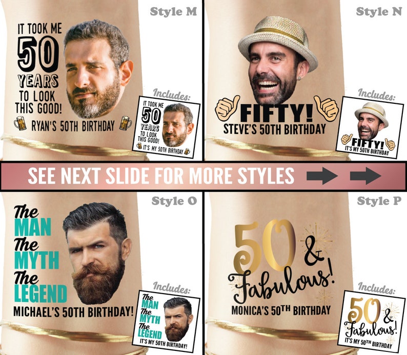 Puede incluir: Cuatro estilos diferentes de decoraciones para fiestas de cumplea&ntilde;os n&uacute;mero 50 con una foto personalizada de la persona que cumple a&ntilde;os. Los dise&ntilde;os incluyen el texto "&iexcl;Me tom&oacute; 50 a&ntilde;os para lucir as&iacute;!" con una jarra de cerveza, "&iexcl;Cincuenta!" con pulgares hacia arriba, "El hombre El mito La leyenda" con barba, y "&iexcl;50 & Fabuloso!" con brillo dorado. Cada dise&ntilde;o incluye una versi&oacute;n m&aacute;s peque&ntilde;a del dise&ntilde;o con el texto "&iexcl;Es mi 50 cumplea&ntilde;os!"