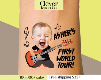 First World Tour Face Temporary Tattoos | Personalized Photo Tattoo | One Year Old Birthday Party Favor | Concert Theme | Custom Face Tattoo