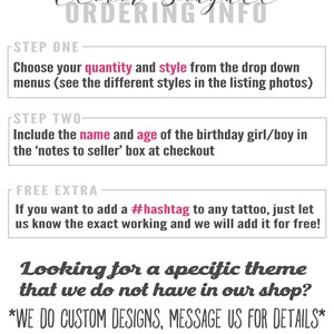 Puede incluir: Un gr&aacute;fico con instrucciones para pedir dise&ntilde;os personalizados. El texto dice "Clever Seagull Ordering Info" e incluye pasos para elegir la cantidad y el estilo, agregar un nombre y una edad, y agregar un hashtag.