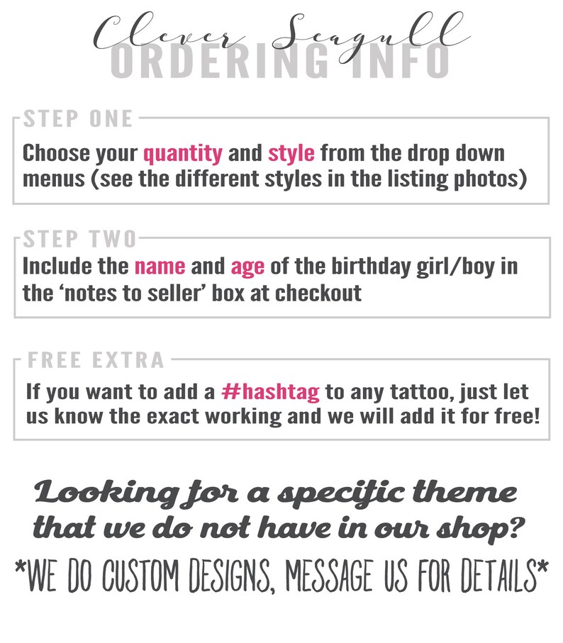 Puede incluir: Un gr&aacute;fico con instrucciones para pedir dise&ntilde;os personalizados. El texto dice "Clever Seagull Ordering Info" e incluye pasos para elegir la cantidad y el estilo, agregar un nombre y una edad, y agregar un hashtag.