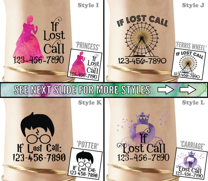 Set of Emergency Contact Temporary Tattoos If Lost Safety Tattoos Phone number tattoos Medical alert tattoos If I'm Lost Please Call image 4