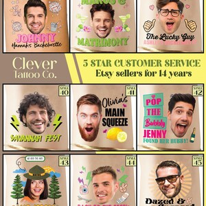 May include: Ten different designs for personalized bachelorette party temporary tattoos. Each design features a different illustration and text, such as "Margs & Matrimony", "The Lucky Guy", "Savannah Fest", "Camp Jessica", and "Dazed & Engaged".