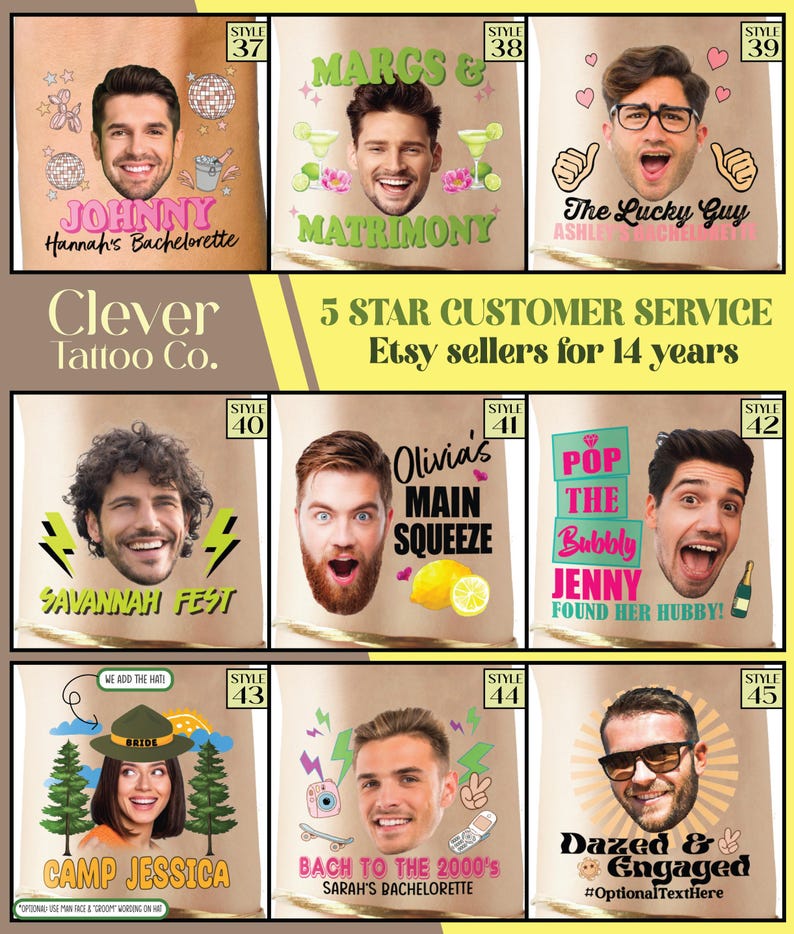 May include: Ten different designs for personalized bachelorette party temporary tattoos. Each design features a different illustration and text, such as "Margs & Matrimony", "The Lucky Guy", "Savannah Fest", "Camp Jessica", and "Dazed & Engaged".