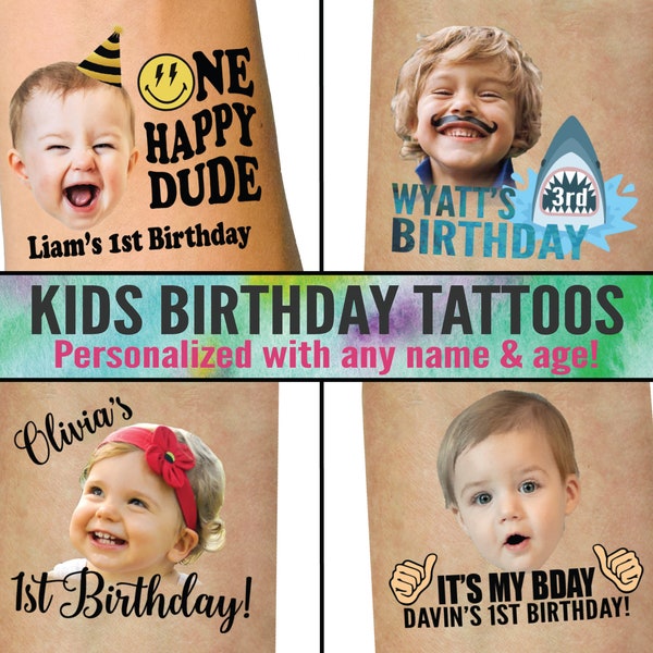 Birthday tattoos - childrens party decor - birthday invites - favors - Kids first birthday - child birthday party 1st birthday ideas custom