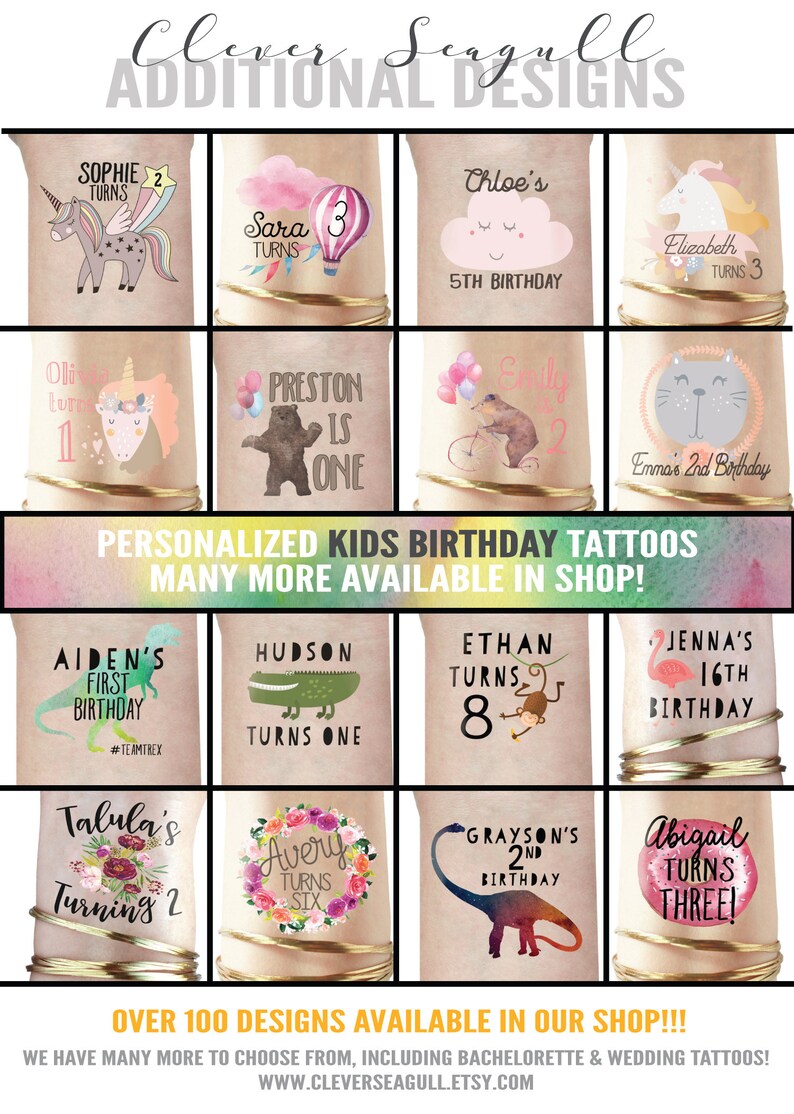 Puede incluir: Un collage de tatuajes temporales coloridos para cumplea&ntilde;os de ni&ntilde;os. Los tatuajes presentan varios dise&ntilde;os, incluyendo animales, dinosaurios, unicornios y patrones florales. Cada tatuaje incluye un nombre y una edad, como "Sophie cumple 2 a&ntilde;os" o "Ethan cumple 8 a&ntilde;os".
