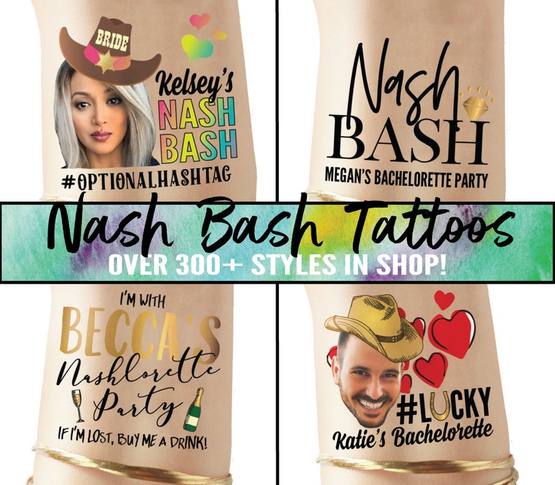 Pode incluir: Quatro tatuagens tempor&aacute;rias para uma despedida de solteira. As tatuagens apresentam um chap&eacute;u de cowboy, cora&ccedil;&otilde;es e o texto "Nash Bash", "Kelsey's Nash Bash", "I'm with Becca's Nashlorette Party" e "#Lucky Katie's Bachelorette".