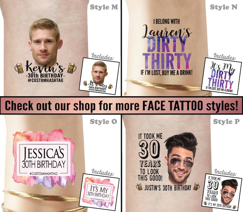 K&ouml;nnte beinhalten: Vier verschiedene Stile von tempor&auml;ren Gesichtstattoos zum 30. Geburtstag. Jedes Design zeigt ein Gesicht, eine Geburtstagsnachricht und einen Hashtag. Die Designs beinhalten ein Bierglas, einen Aquarellhintergrund und eine Textblase.