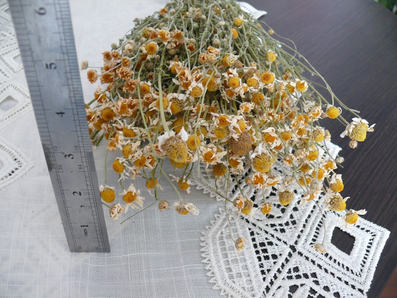 Puede incluir: Un ramo de flores de manzanilla secas con centros amarillos y p&eacute;talos blancos. Las flores est&aacute;n dispuestas en un ramo y est&aacute;n sobre un mantel de encaje blanco.
