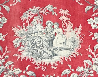 Antique toile fabric French bed cover bedcover bedspread charming scenes 1860 cotton birds girls picking flowers floral red gray pink