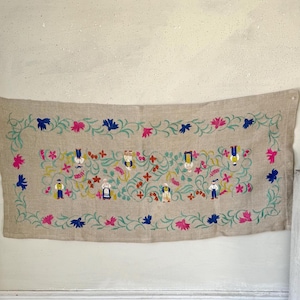 41x19 table runner Vintage  embroidered embroidery textile  handmade Unique wall art country cottage shabby farmhouse decor LACE boho