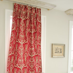 French toile curtain antique red toile 1870 1800s vintage curtains drapes large drape (1 of set) bed hanging The Textile Trunk eco-friendly