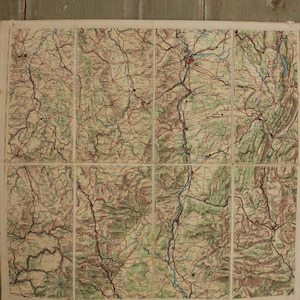 Mapa antiguo francés de lino y papel plegable, guía de carreteras Lyon Grenoble Valence Clermont Campo hermosos colores colgante de pared ecológico