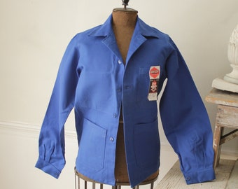 Jacket Vintage French Blue Coat Work Wear Button up Sanfor
