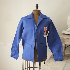 Jacket Vintage French Blue Coat Work wear button up Sanfor brand workwear Coastal home  eco-friendly
