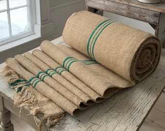 Stair Runner Heavy Hemp Grain Sack Fabric by the yard with Green Stripes Twill Weave Antique Linen eco-friendly