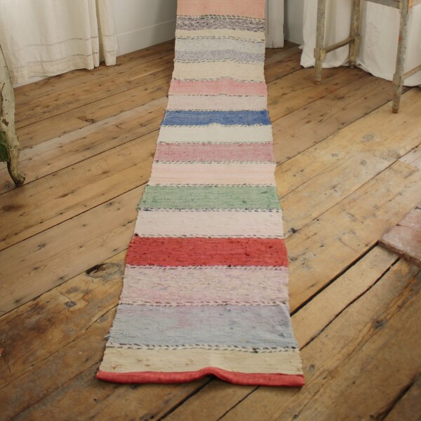 European Rag Rug hand woven vintage striped carpet runner 165 x 23.5 inches