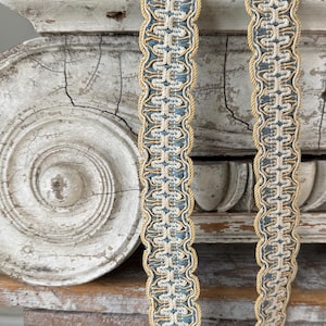6 YRDS Antique French gold + sky BLUE vintage gimp passementerie trim haberdashery old textile from France pale tones old upholstery pillows