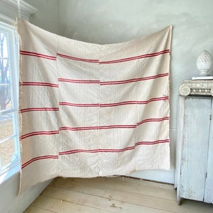 Grain sack Fabric RED stripe WASHED Linen + Cotton upholstery material heavy weight pillows upholstery curtains The Textile Trunk