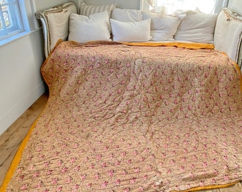 Antique French quilt floral pink floral design 1900 Historic Quilt The Textile Trunk