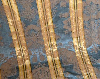 90x50 RARE Antique French Fabric Ticking Striped Material Napoleon Gold blue silk cotton mix fabric High style country cottage farmhouse