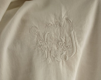 Linen Vintage Sheet fabric French organic material VD  monogram 1920 white monogram eco-friendly