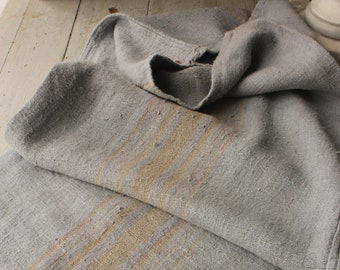 Dyed Grain Sack Linen caramel striped Fabric Gray Blue bag pillow sack Feedsack Rustic Grainsack Vintage hemp textile European Coastal home