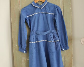 1940's woman's blue frock dress housedress button up French vintage clothing with pockets and striped details Coastal home  eco-friendly