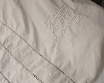83 X 120 Linen Canvas Vintage Sheet fabric French organic material MF  monogram 1930 white monogram eco-friendly