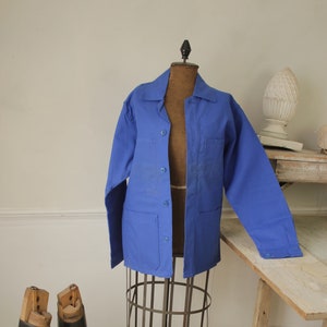 Jacket Vintage French Blue Coat Work wear button up workwear Coastal home  eco-friendly