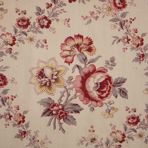 Antique French Curtain with red blue and yellow floral pattern and original trim c 1890 old cotton drapeUnique window treatment boho