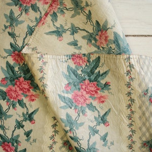 Chintz Fabric Antique Rare Block Printed 1850&#39;s Crisp Glazed Cotton Rose Floral 31 by 120 inchesUnique window treatment eco-friendly