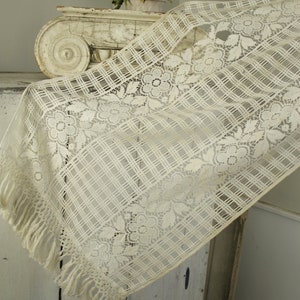 Stunning Pair of Aged White Lace Curtains Vintage French with Fringe cotton textiles  long drapesUnique window treatment eco-friendly