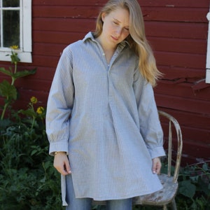 Blue Plaid Shirt or Tunic circa 1920 mens cotton clothes button down dirty smock Workwear Work Wear French chore Brown and Green Stripes