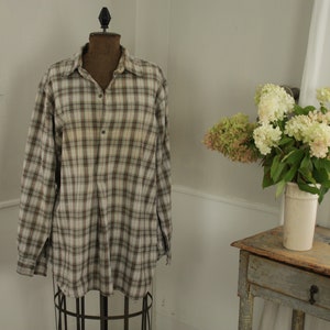 Vintage Brown Plaid Shirt or Tunic men&#39;s soft cotton open neck striped Work Wear French Boho steampunk eco-friendly