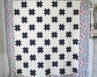 96x89 Antique  patchwork quilt wall art hanging light weight  large stars Indigo blue  farmhouse Americana shabby decor indigo handmade