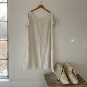 Natural linen blend chemise shirt French nightgown &quot;MT&quot; monogram hand woven work shirt workwear work wear slip dress The Textile Trunk