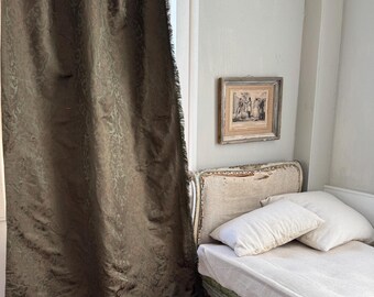 116x47 SILK French 1880 French Olive moss Green Silk Damask Curtain drape country farmhouse classic trim shabby home decor old textile muted