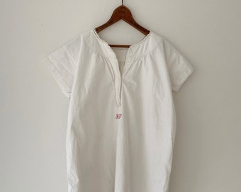 Beautiful lace trim linen chemise monogram "MF" historical French nightdress shirt dress vintage nightdress 1800s workwear The Textile Trunk
