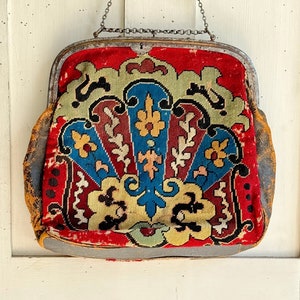 Antique French Historical  tapestry carpet bag Victorian  clutch purse pocket book handmade Unique eco-friendly