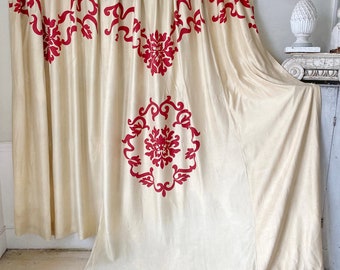 96X109 Curtain Drape silk Wavy cream + Red  FRENCH  AMAZING bed hanging The Textile TrunkUnique window treatment eco-friendly