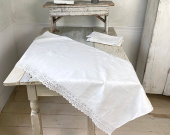 Lace trimmed linen large piece Farmhouse look linen gifts The Textile Trunk linen cotton napkins towels whites eco-friendly