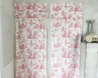 Vintage romantic toile curtain set of 2 pink and white 1930s curtains girl's room sweet pink toile curtains Textile Trunk