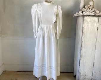 Vintage White French Dress Ribbed Cotton Dress Eyelet Lace Trim 1970s White Dress