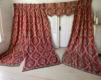 Antique French Curtains Pelmet set  1890 printed linen 18th century design DrapesUnique window treatment