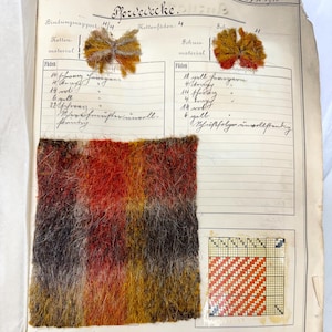 May include: A close-up of a fabric sample card with a red, orange, yellow, and brown wool fabric swatch. The card includes details about the fabric, such as the weave, yarn count, and length. The text on the card is in German.