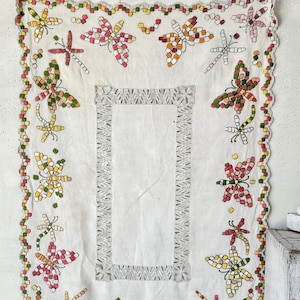 36x26 linen butterfly dragonfly  embroidered embroidery textile  handmade Unique wall art country cottage shabby farmhouse decor LACE boho