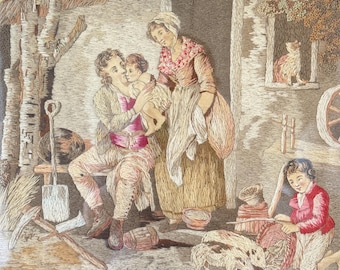 1811 Bordado inglés enmarcado, pintura única de arte popular para pared, seda enmarcada, vidrio original, trabajo infantil, bordado histórico, gato bebé, arte popular